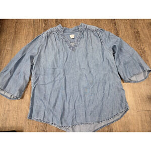 CHICO'S Thin Denim Chambray Tunic V Neck Pullover Blouse Shirt Size 2 Large